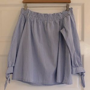 Loft off the shoulder blue pinstripe seersucker blouse
